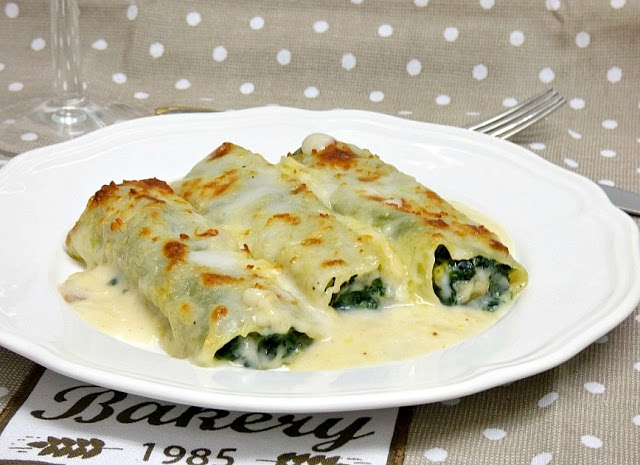 Canelones de espinacas y gambas