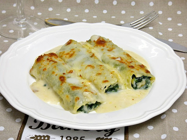 Canelones de espinacas y gambas