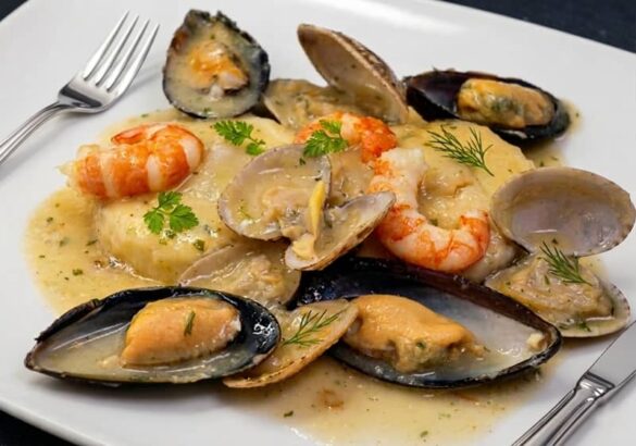 Merluza en salsa con gambas