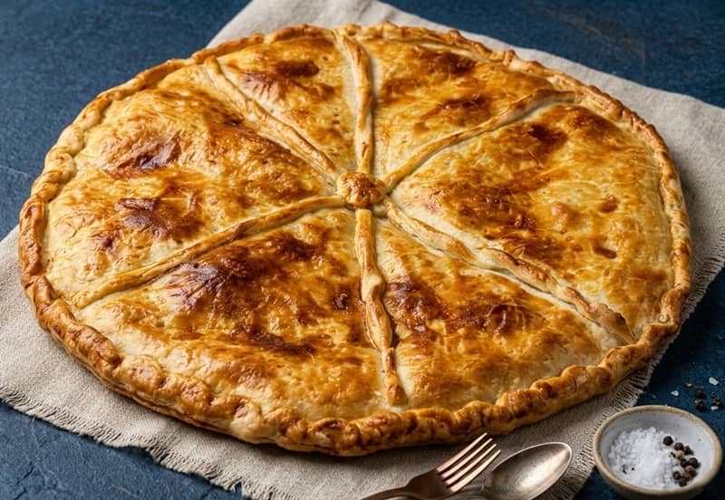 Empanada de pisto y carne con masa quebrada