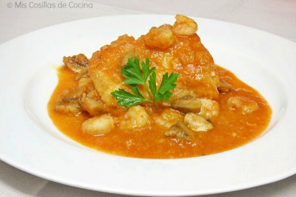 bacalao con tomate champiñones y gambas